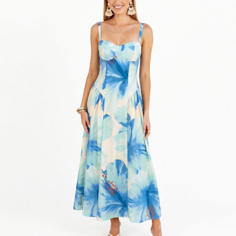Anna-Kaci Women's Floral Maxi Dress with Sweetheart Bodice and Smocked Back - Small, Blue