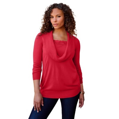 Roaman's Women's Plus Size Lace Trim Cowl Neck Sweater