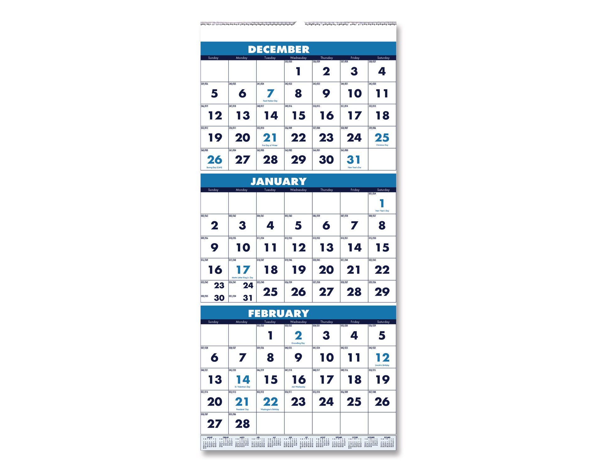 Recycled Three-Month Format Wall Calendar, Vertical Orientation, 8 x 17, White Sheets, 14-Month: Dec 2025 to Jan 2027