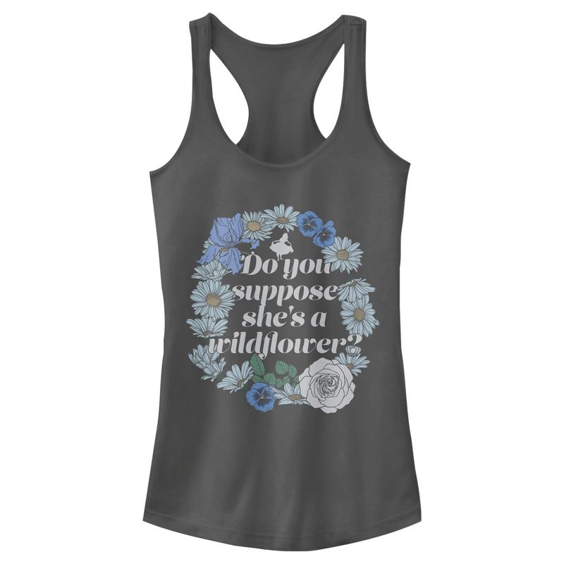 Junior's Women Alice in Wonderland Do You Suppose She's a Wildflower Quote Racerback Tank Top, 1 of 5