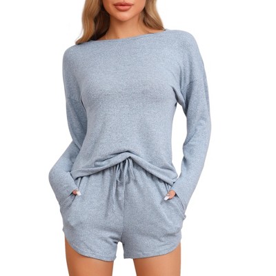 cheibear Women's Long Sleeve Top and Elastic Waistband Shorts with Pockets Pajamas Set