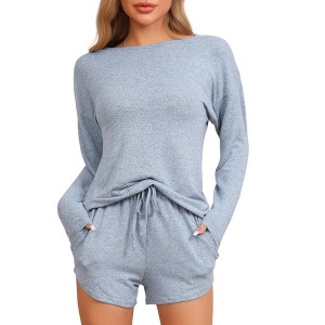 cheibear Women's Long Sleeve Top and Elastic Waistband Shorts with Pockets Pajamas Set - 1 of 4