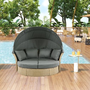 Outdoor Patio Rattan Daybed, Round Wicker Double Daybed Sofa with Retractable Canopy and 4 Pillows 4M -ModernLuxe - 1 of 4