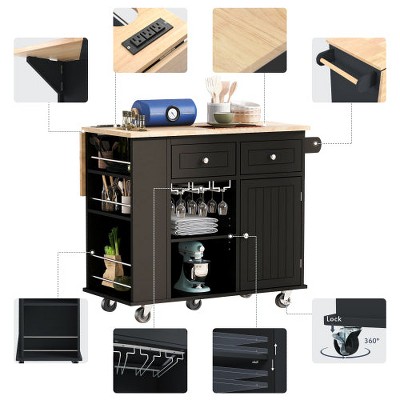 LunaLulinlk Kitchen Island with Power Outlet,Kitchen Storage Island with Drop Leaf and Rubber Wood