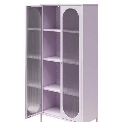 Lilac Tall Metal Accent Cabinet with Fluted Glass Doors