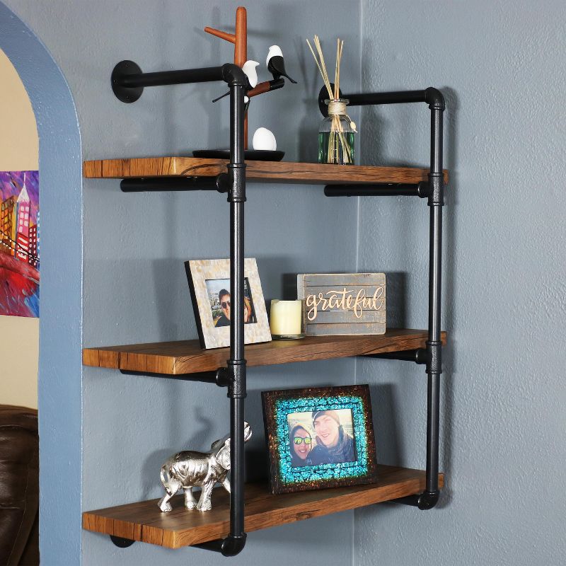 Sunnydaze 3 Shelf Industrial Style Pipe Frame Wall-Mounted Floating Shelf with Wood Veneer Shelves, 2 of 8