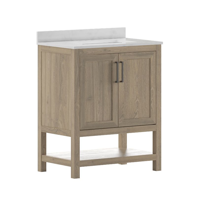 Emma and Oliver Bathroom Vanity, Single Sink Cabinet with 2 Soft Close Doors and Open Shelf, Carrara Marble Finish Countertop, 1 of 13