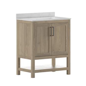 Emma and Oliver Bathroom Vanity, Single Sink Cabinet with 2 Soft Close Doors and Open Shelf, Carrara Marble Finish Countertop