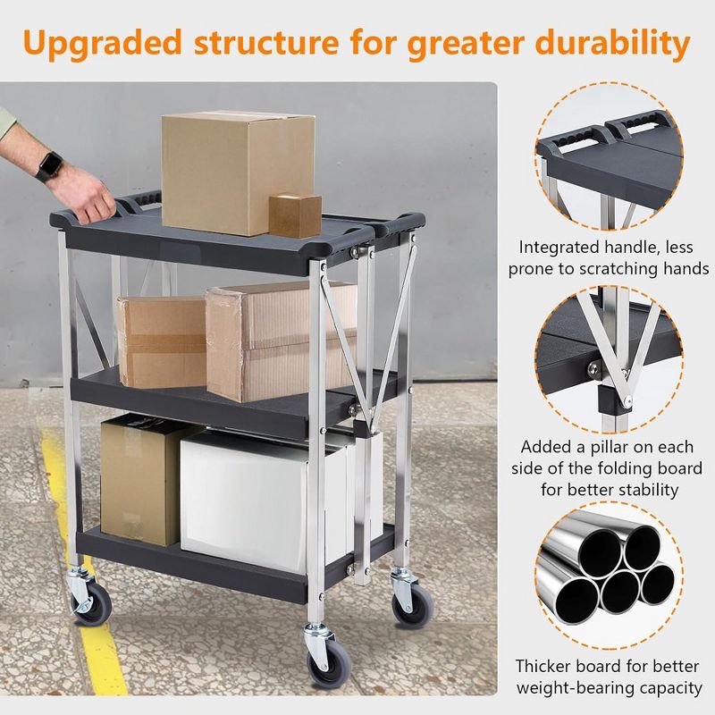 Portable Folding Service Cart 3-Tier Fold Up Rolling Cart 330lbs 26.7"Dx16"Wx36"H, 5 of 7