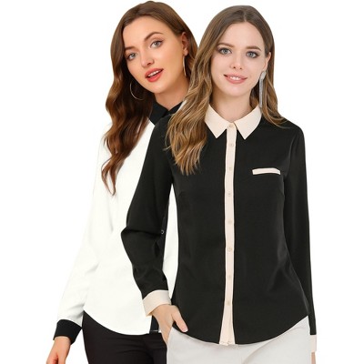 INSPIRE CHIC Women's Contrast Collar Chiffon Long Sleeve Work Office Blouse 2 Packs