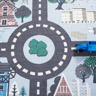 Blue and Dark Grey Square Kids Playhouse Area Rug