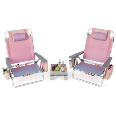 Tangkula 2PCS Folding Backpack Lay Flat Beach Chairs Table Set 5-Position Outdoor Reclining Chair