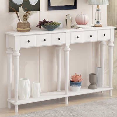60" Retro Slim Console Table,Farmhouse Entryway Table with 4 Drawers and Open Shelf for Hallway,Living Room-Baofuwish