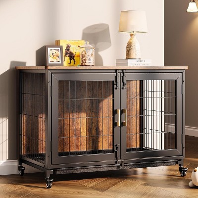 37.5 Inch Furniture Style Heavy Duty Dog Crate with Wheels & Removable Tray, Lockable Dog Kennel Furniture Indoor