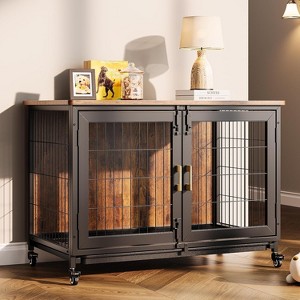 37.5 Inch Furniture Style Heavy Duty Dog Crate with Wheels & Removable Tray, Lockable Dog Kennel Furniture Indoor - 1 of 4