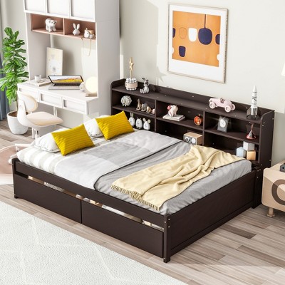 Full Size Daybed, Wooden Platform Bed Frame with Side Bookcase, Storage Drawers -ModernLuxe