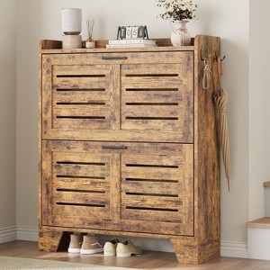 Acekool Farmhouse Slim Shoe Cabinet - 2 Flip Drawers & Hooks for Entryway, Louvered Rustic Brown Organizer Fits Narrow - 1 of 4