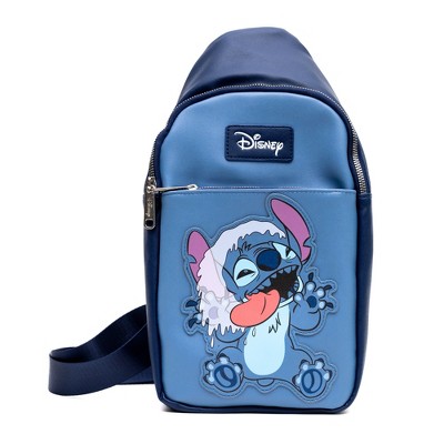 Disney Vegan Leather Crossbody Sling Bag, Lilo & Stitch Stitch Close Up Lick Pose Applique, Blue, 7" x 14"
