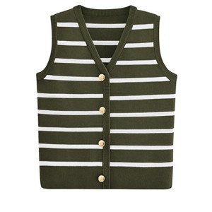Women's Sleeveless Knit Striped Sweater Vests V Neck Button Front Going Out Tops Summer Slim Fit Blouse Tee Shirt - 1 of 4