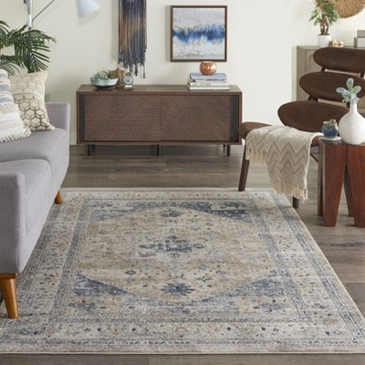 Ivory and Blue Geometric Floral Synthetic Area Rug