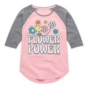 Girls' - Peanuts - Flower Power Shirt Tail Raglan Graphic T-shirt - 1 of 4