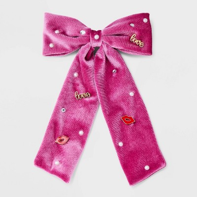 Valentine's Day Pearl Lip and "Love" Velvet Hair Bow Clip - Pink/Red