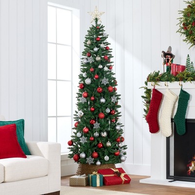 9ft Green Synthetic Spruce Pencil Christmas Tree with Metal Stand