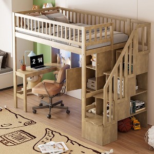 YOOCOZZ Twin Size Wood Loft Bed with Built-in Desk, LED, Storage Shelves, Cabinets and Staircase - 1 of 4