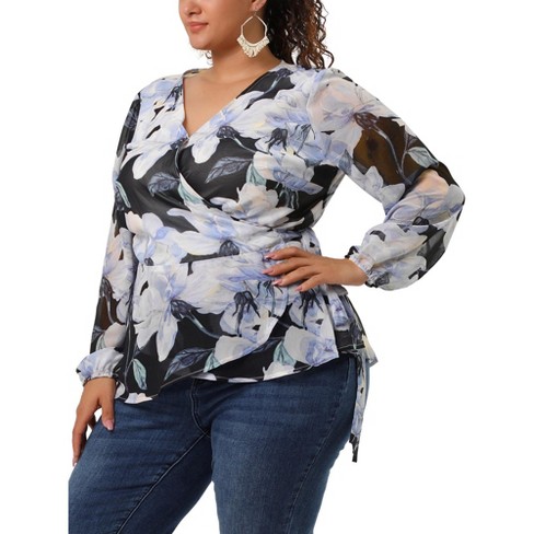 Agnes Orinda Women's Plus Size Chiffon Blouse Ruffle Hem Floral Wrap Blouse  : Target