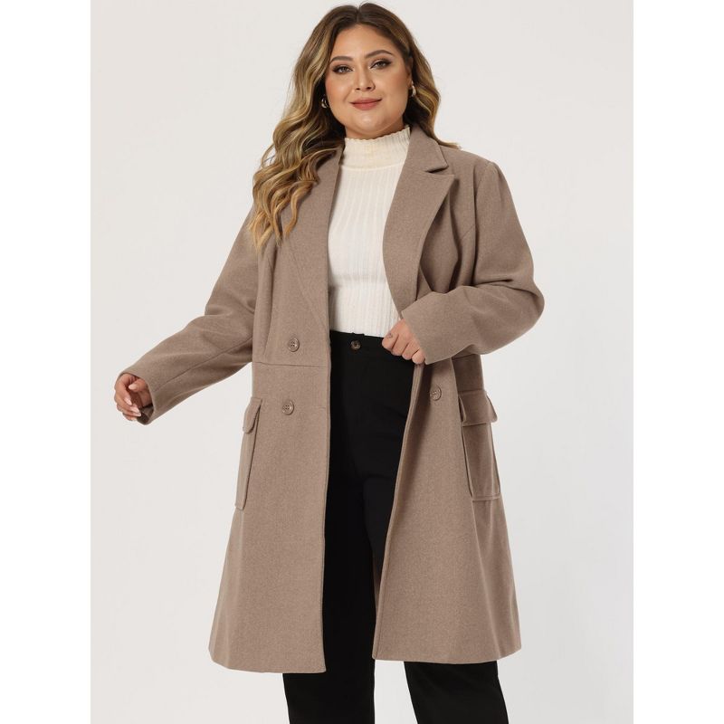 Agnes Orinda Women's Plus Size Winter Notched Lapel Double Breasted Long Overcoats, 3 of 7