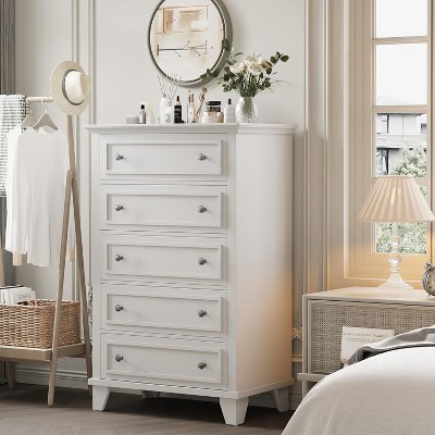 Acekool 48” Tall White Dresser, 5-Drawer Chest for Bedroom, Vintage Storage Cabinet for Closet, Living Room, Hallway