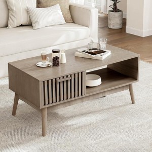 Mid Century Modern Coffee Table with Drawer & Shelf, 39.4" Fluted Rectangular Wood Center Table, Natural - 1 of 4