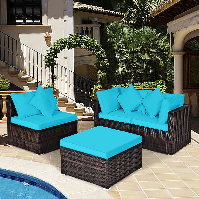 Tangkula 4-Piece Outdoor Rattan Sofa Set Sectional Conversation Couch Ottoman Turquoise/Red, 3 of 7