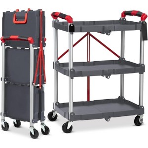 3 Tier Folding Utility Cart with Wheels, Lockable, Stainless Steel Collapsible Service Cart, 133 lbs per tier, Restaurant, Garage, Office Outdoors. - 1 of 4