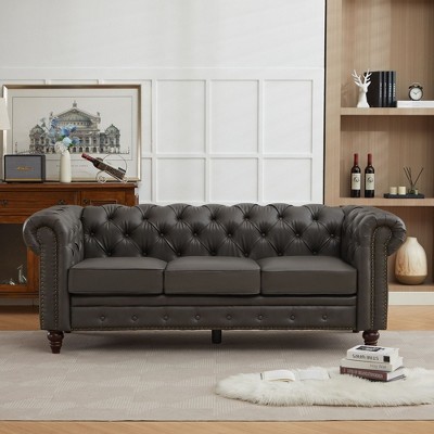 HYLEORY 84" Leather Chesterfield Sofas for Living Room, Rolled Arm 3-Seater Large Couch Deep Button Nailhead Tufted Couches for Office Apartment