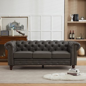 HYLEORY 84" Leather Chesterfield Sofas for Living Room, Rolled Arm 3-Seater Large Couch Deep Button Nailhead Tufted Couches for Office Apartment - 1 of 4