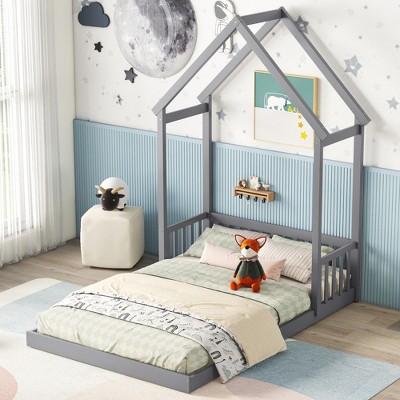 CAVINAS Full Size Wood Montessori Bed,Modern Floor Bed with House-Shaped Roof Headboard and Semi-Fence Design,Toddler Bed for Bedroom