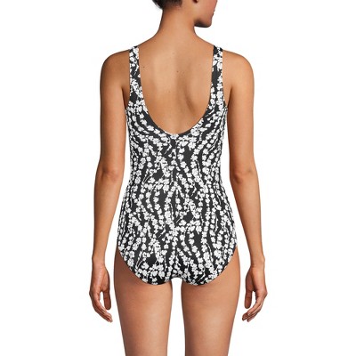 Lands' End Women's Long Torso Tugless Low Leg One Piece Swimsuit - 6 - Black/White Vine Floral