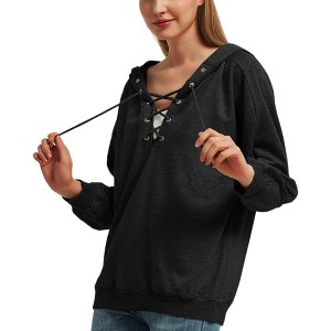 Anna-Kaci Women's Lace Up Criss Cross V Neck Hoodies Long Sleeve Top - 1 of 4