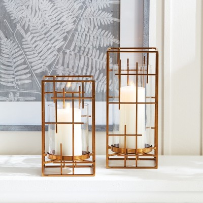 Gold Geometric Iron and Glass Hurricane Candle Holder