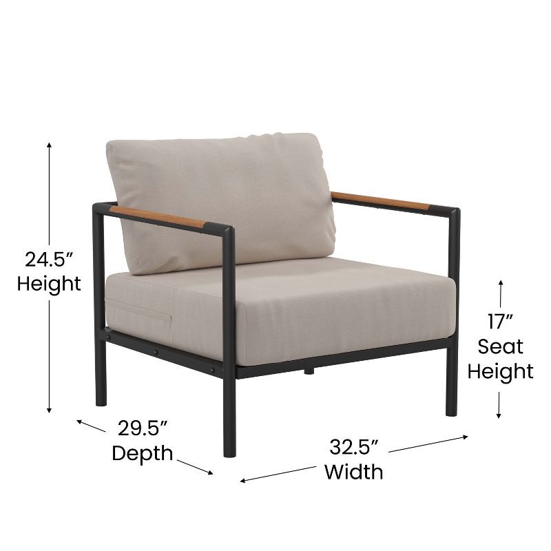 Flash Furniture Indoor/Outdoor Patio Chair with Cushions - Modern Aluminum Framed Chair with Teak Accented Arms, 5 of 12