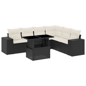 vidaXL 7 Piece Patio Sofa Set with Cushions Black Poly Rattan - Black and Cream without Storage - 1 of 4