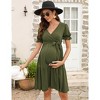 Maternity V Neck Swiss Dot Dress Summer Casual Short Sleeve Flowy Midi Dress Belt Photoshoot Baby Shower Army Green S - 4 of 4