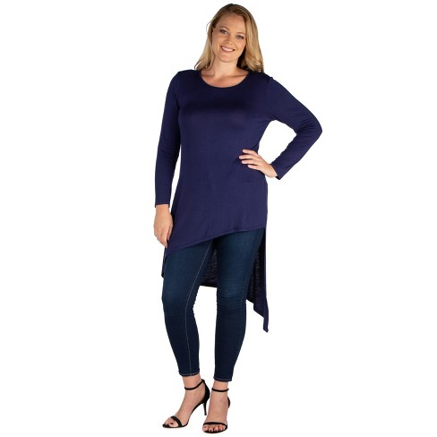 Long Sleeve Knee Length Asymmetrical Plus Size Tunic Top-Navy-3X