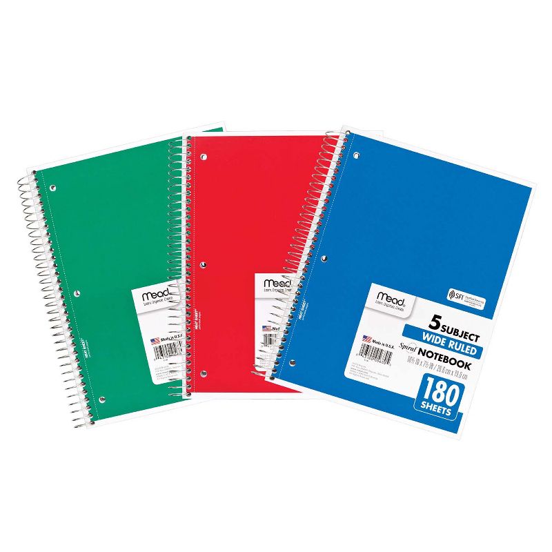 Mead® Spiral 5 Subject Notebook, Wide Ruled, 180 Sheets Per Book, Pack of 3, 1 of 4