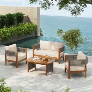 Christopher Knight Home Valentina Patio 4 Piece Rustic Rope Weave Acacia Wood Furniture Set with Cushions - 1 of 4