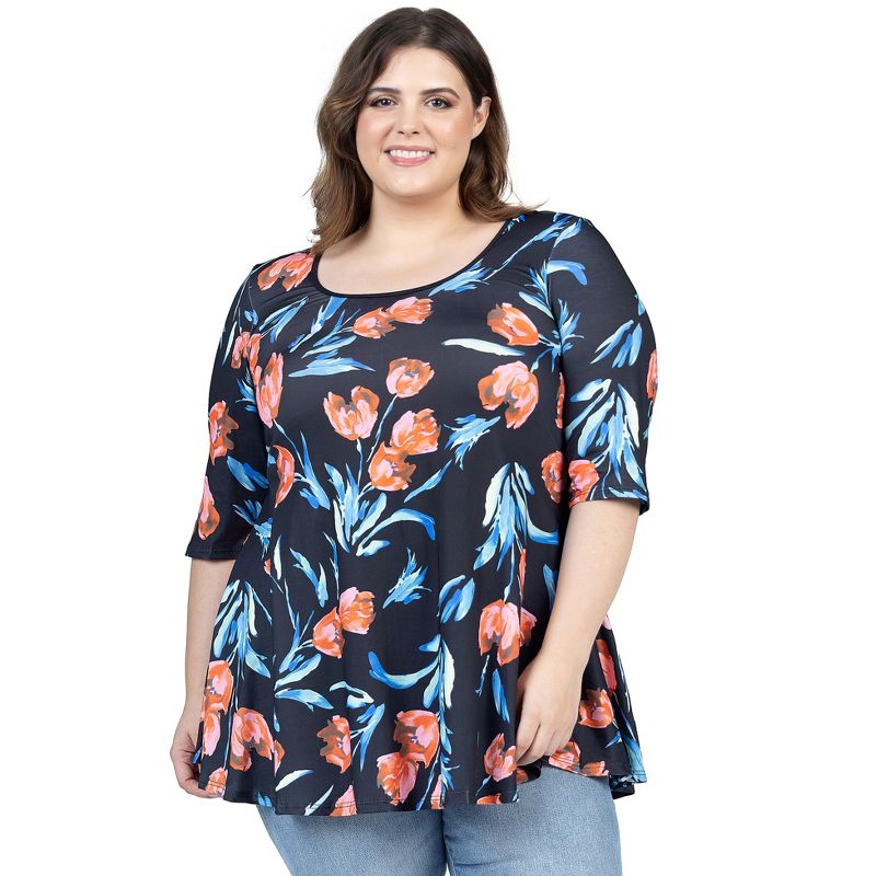 24seven Comfort Apparel Womens Plus Size Black Tulip Print Elbow Sleeve Casual Tunic Top, 1 of 7