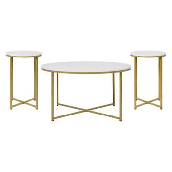 Emma and Oliver Marble Finish Table Set with Brushed Gold X Metal Frame-Coffee Table-2 End Tables