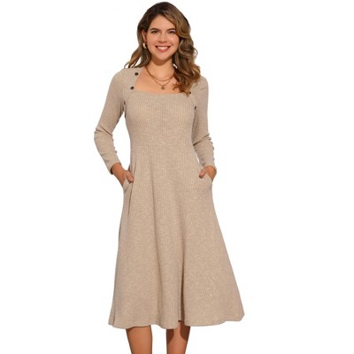 INSPIRE CHIC Women's Casual Square Neck A-Line with Pockets Knitted Sweater Dress