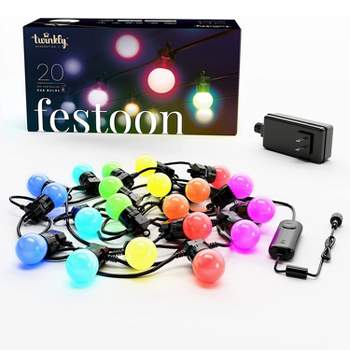 Twinkly Festoon App-Controlled LED Bulb Lights String 20 RGB (16 Million Colors) 32.8 feet Black Cable Indoor/Outdoor Smart Lighting Decoration (2 Pk)